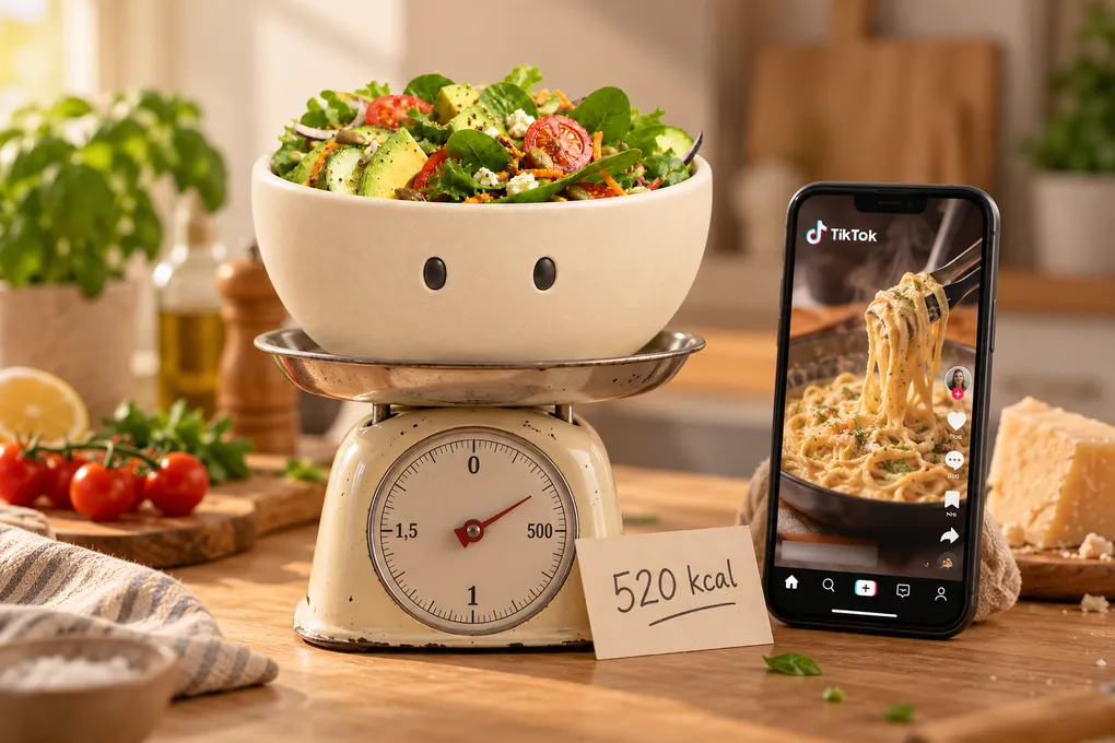 Das Plateful-Maskottchen sitzt auf einer Küchenwaage, daneben eine Karte mit 520 kcal und ein Handy mit einem TikTok-Kochvideo