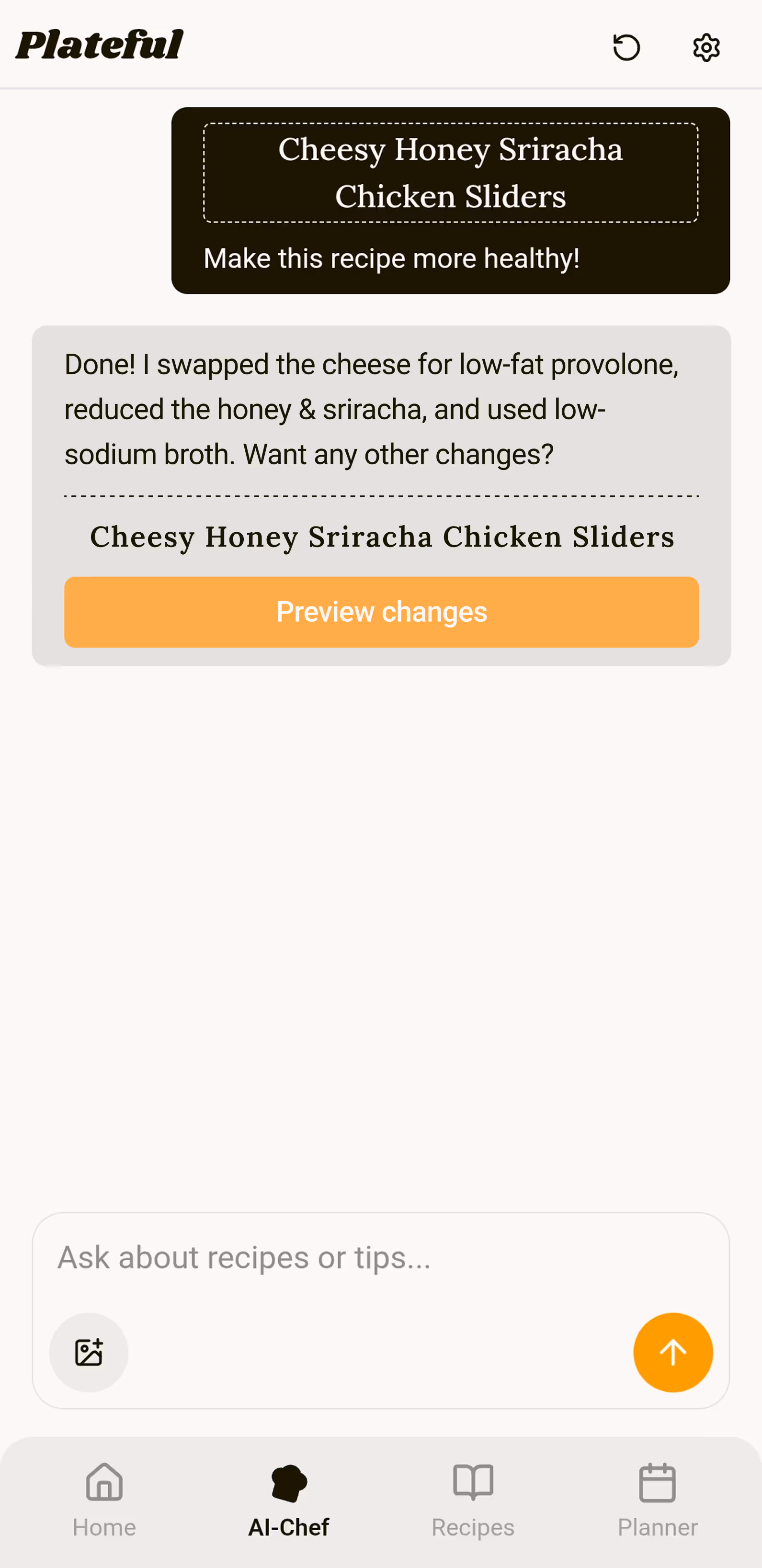 Plateful AI chef chat screen showing a recipe being adapted