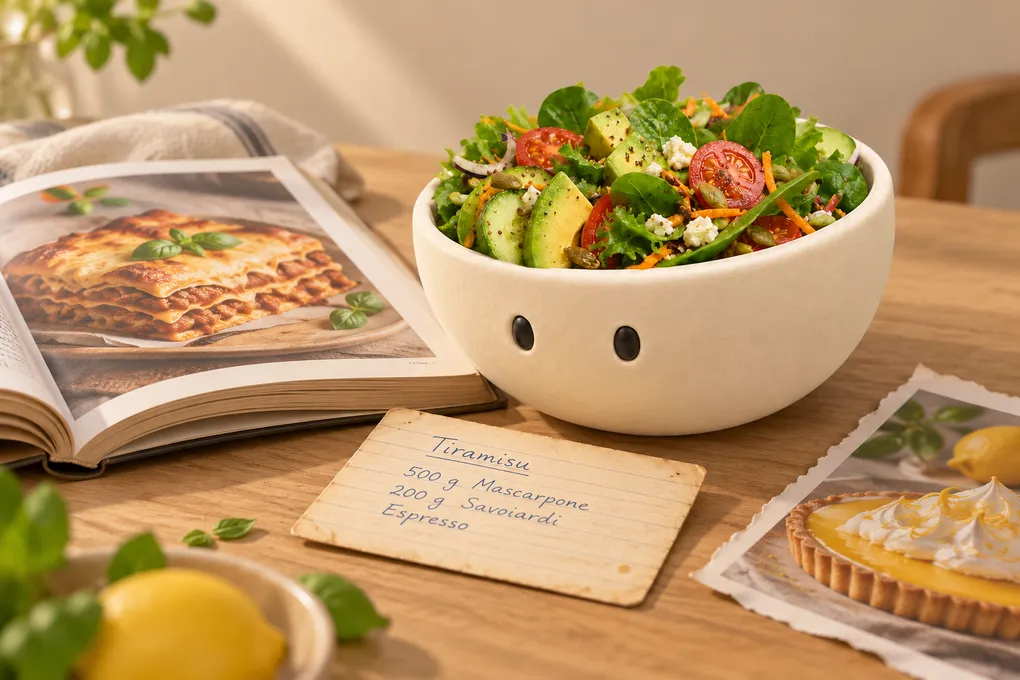 Plateful's salad bowl mascot on a kitchen table between an open cookbook, a handwritten tiramisu recipe card and a magazine clipping of a lemon tart
