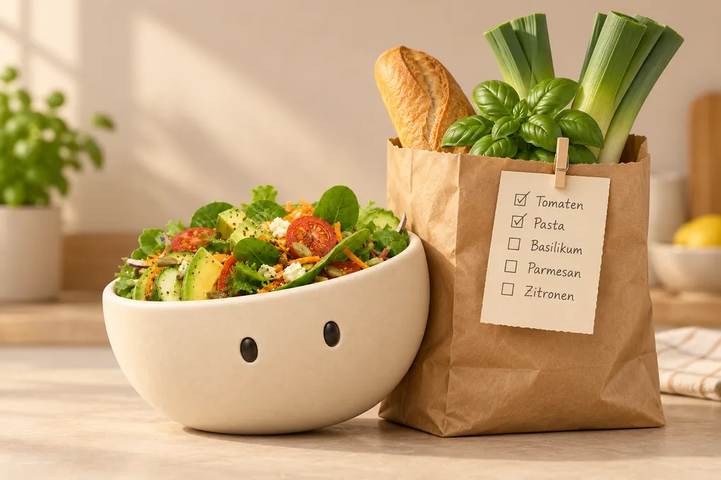 Eine Papiertüte mit Baguette, Lauch, Basilikum und einer handgeschriebenen Einkaufsliste neben dem Plateful-Maskottchen