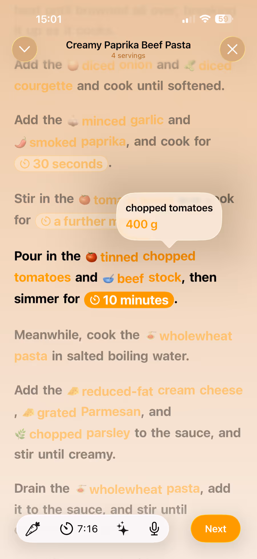 Plateful cooking mode showing one step at a time with a running timer