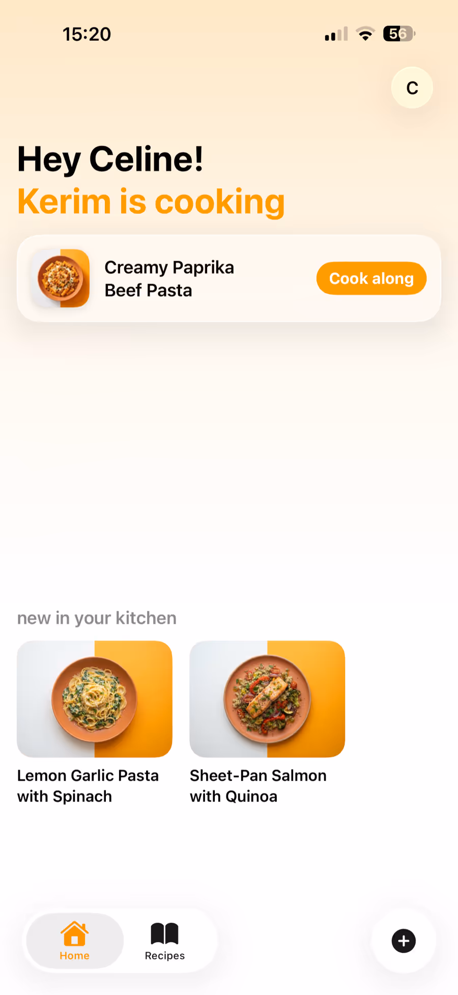 Plateful home screen showing another household member cooking tonight