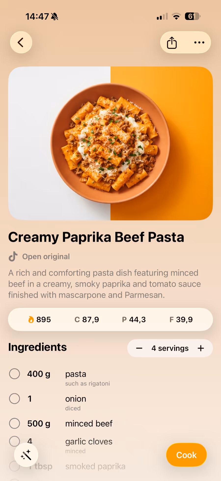 A TikTok recipe saved in Plateful with its ingredients and nutrition
