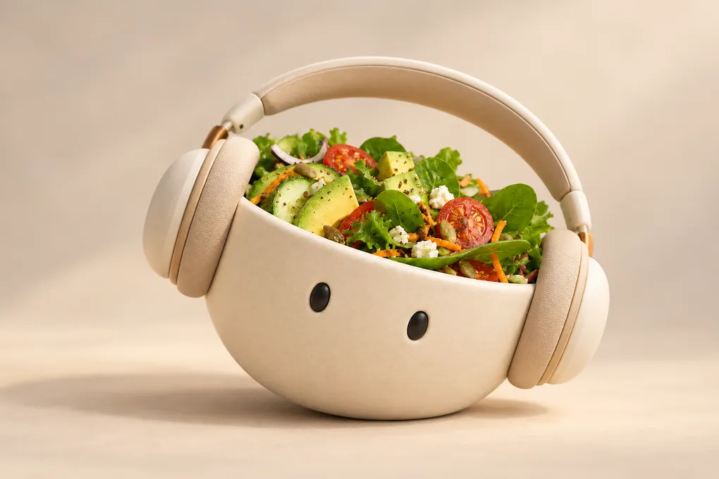 Das Plateful-Maskottchen trägt Kopfhörer und hört genau hin