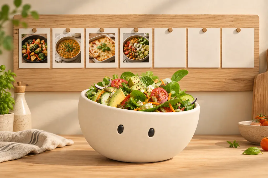 A week of cards pinned to a board behind Plateful's salad bowl mascot, four showing dinners and three still empty