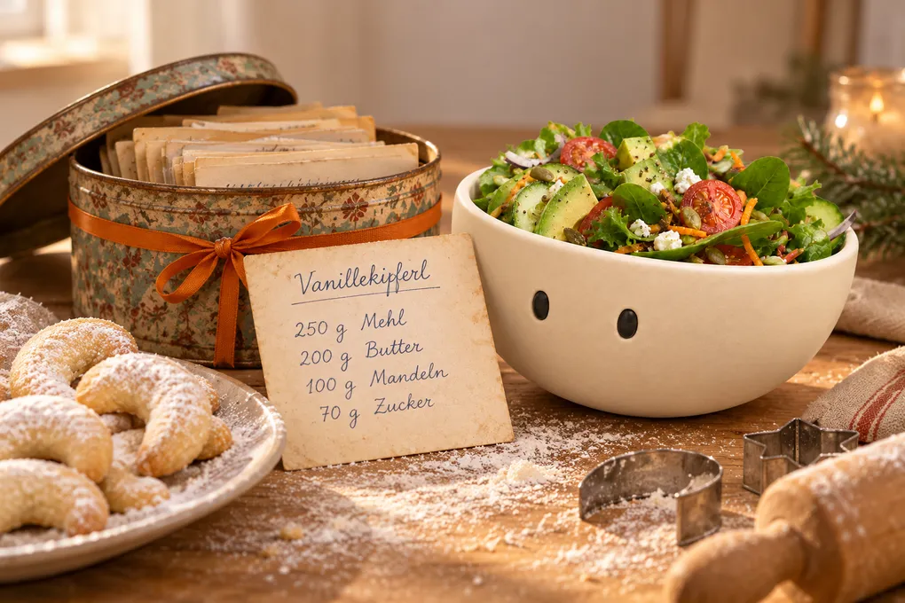 Eine alte Rezeptdose mit einer handgeschriebenen Karte für Vanillekipferl neben dem Plateful-Maskottchen und einem Teller Plätzchen