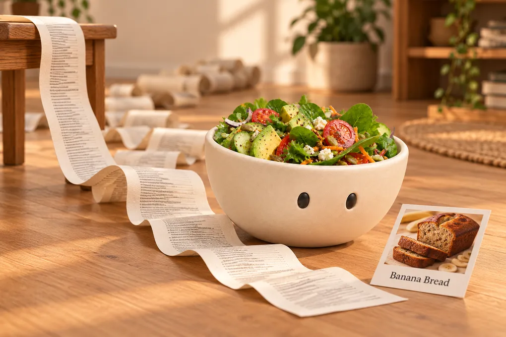 Plateful's salad bowl mascot next to a banana bread recipe card at the end of a very long paper scroll