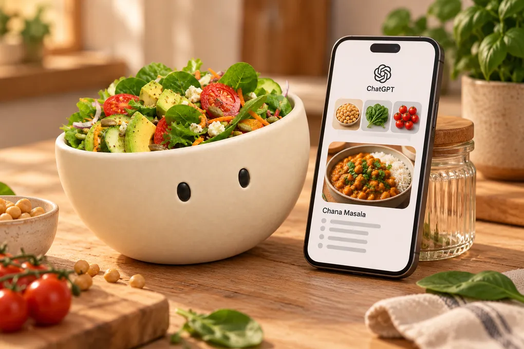 Ein Handy mit ChatGPT und einem Rezept für Chana Masala neben dem Plateful-Maskottchen