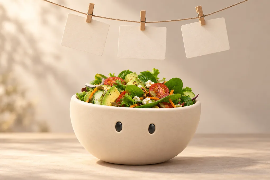 Drei leere Rezeptkarten hängen an einer Schnur über dem Plateful-Maskottchen, einer Salatschale
