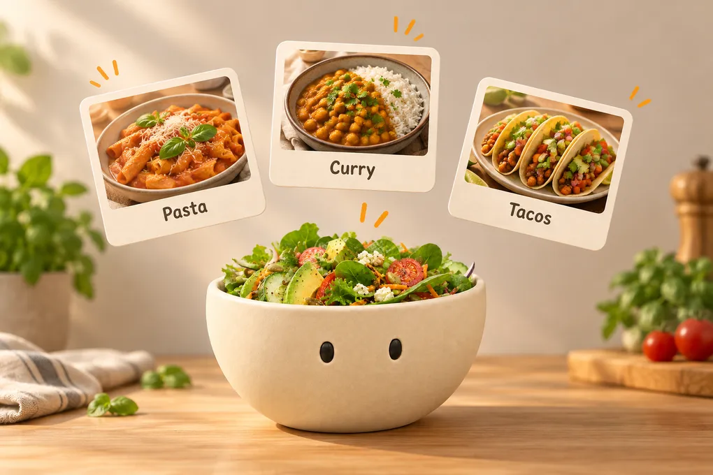 Three recipe cards with photos of pasta, curry and tacos float above Plateful's salad bowl mascot