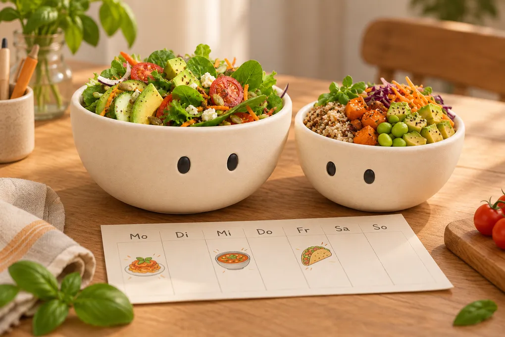 Zwei Plateful-Schalen stehen nebeneinander vor einem Wochenplan von Montag bis Sonntag